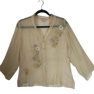 J. Jill Top Sheer Flax Woven 3/4 Sleeve Button Up Embroidered, Appliqué Size M